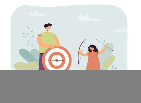 Archery teacher with target in hands teaching child. Kid holding bow and arrow flat vector illustration. Childrens sports club for archers concept for banner, website design or landing web pageのイラスト素材