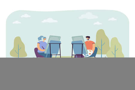 Art students painting on canvases outdoors. Cartoon artists or painters drawing landscape in nature flat vector illustration. Hobby, art concept for banner, website design or landing web pageのイラスト素材