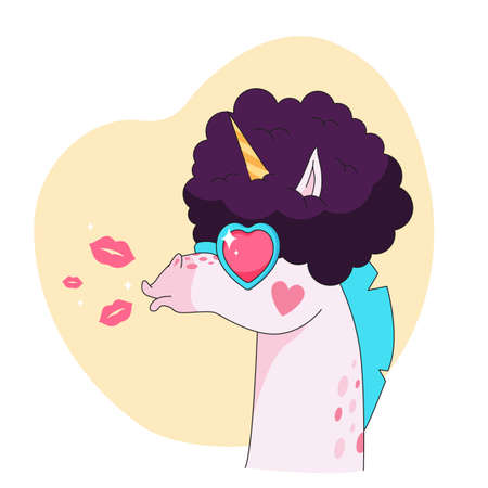 Funny unicorn cartoon character in retro wig sticker. Emoticon of fairy horse in glasses in profile, animal with horn flat vector illustration isolated on white background. Fairytale, vintage conceptのイラスト素材