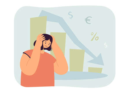 Woman in depression from falling graph, decline in income. Loss in finances, investments flat vector illustration. Bankruptcy, economic crisis concept for banner, website design or landing web pageのイラスト素材