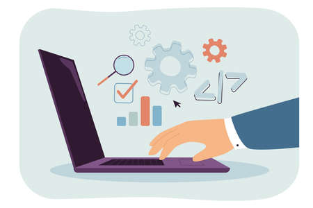 Side view of laptop with coding signs vector illustration. Male hand on computer. Software concept for banner, website, landing pageのイラスト素材