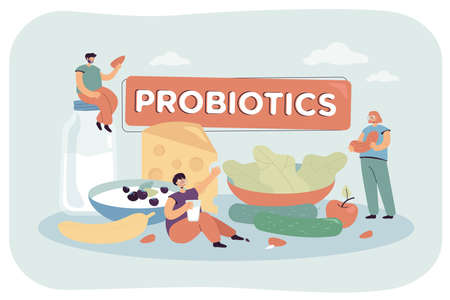 Tiny people on probiotic diet vector illustration. Woman drinking yogurt useful for gut, man with seed and lady with nut eating organic food: vegetables and fruits. Diet and health conceptのイラスト素材