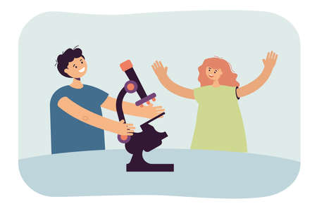 Kids playing with microscope in scientific experiment. Girl and boy with lab equipment flat vector...