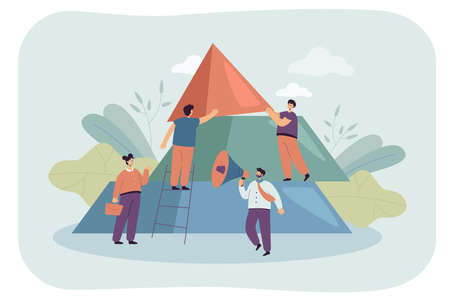 Team of business people building pyramid together. Teamwork of male and female tiny partner characters working on cooperation flat vector illustration. Business challenge, partnership conceptのイラスト素材