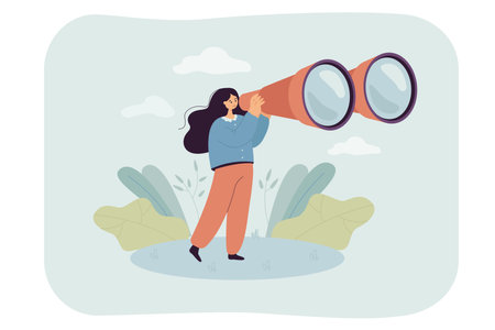 Tourist woman looking through big binocular device far ahead. Tiny female person travelling with field glasses flat vector illustration. Information search, travelling conceptのイラスト素材