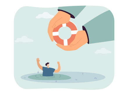 Giant hands giving life buoy to drowning man. Male character asking for help and getting it flat vector illustration. Helping hand, assistance, rescue concept for banner, website design, landing webのイラスト素材