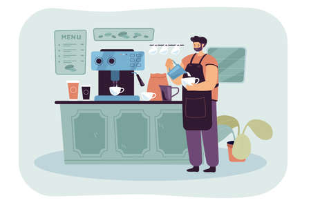 Barista wearing apron pouring whipped milk into espresso. Male character making good quality coffee flat vector illustration. Small business, coffee shop station or place conceptのイラスト素材