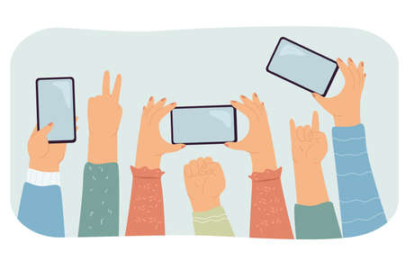 Peoples hands up with phones on concert show or party. Group of people holding smartphones to take picture or record video flat vector illustration. Modern society, event conceptのイラスト素材