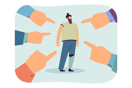 Hands with index fingers pointing at man with artificial leg. Disabled persons life in society flat vector illustration. Disability people concept for banner, website design or landing web pageのイラスト素材