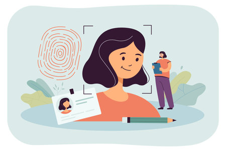 Personality biometric recognition for female employee. Tiny person using office ID card badge, unique fingerprint and facial authorization flat vector illustration. Safety, personality conceptのイラスト素材