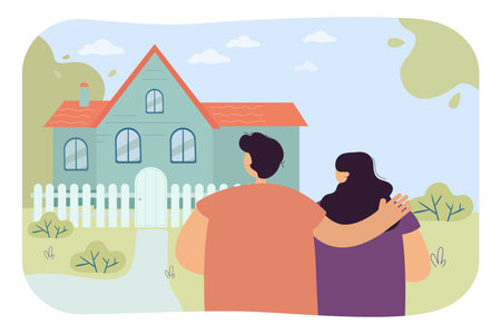 Woman and man hugging his wife looking at house. Couple searching new home for family flat vector illustration. Real estate market, house buying concept for banner, website design or landing web pageのイラスト素材