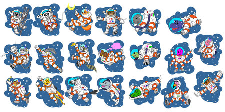 Cute animal cartoon characters as astronauts sticker set. Childish drawings of comic dog, cat, fox, panda, rabbit or bunny exploring galaxy in spacesuits vector illustrations. Space concept for kidsのイラスト素材