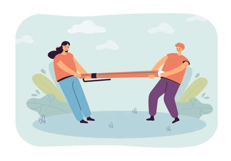 Angry authors, artists or journalists fighting over pen. Man and woman tugging at two ends of pencil...