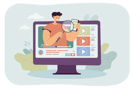 Blogger doing video review for people watching his tech vlog. Cartoon male character advertising new smartphone on his channel flat vector illustration. Online promotion, modern technology conceptのイラスト素材