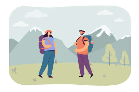 Happy cartoon couple hiking together in mountains. Male and female travelers on hike flat vector illustration. Camping, traveling, tourism concept for banner, website design or landing web pageのイラスト素材