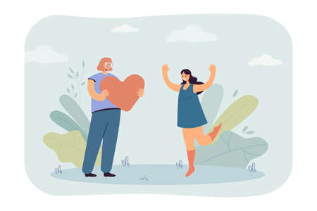 Mother giving big heart to happy daughter. Woman giving love and care to girl jumping from joy flat vector illustration. Family, relationship concept for banner, website design or landing web pageのイラスト素材