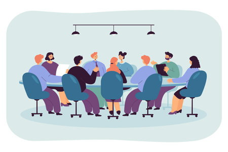 Politician sitting at round table in boardroom. Board of directors with CEO holding formal talk in office room flat vector illustration. Business authority, corporate leader, planning strategy conceptのイラスト素材