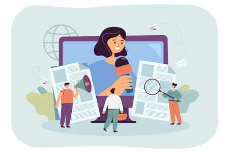 Tiny male and female characters near newspapers helping TV journalist to report news. Different types of social media flat vector illustration. Television and press, digital communication conceptのイラスト素材