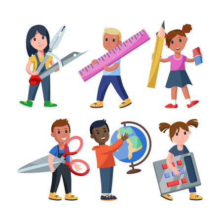 Cartoon kids holding big stationery vector illustrations set. Funny children with ruler, calculator, scissors, globe, pencil for school lessons and work. Stationery, back to school, education conceptのイラスト素材