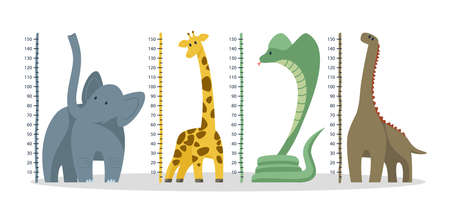 Kid height measure ruler for wall vector illustrations set. Child growth meter or chart, cute animal cartoon characters: elephant, giraffe, dinosaur isolated on white background. Measurement conceptのイラスト素材