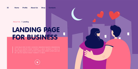 Couple in love admiring city at night. Flat vector illustration. Man and woman on romantic date, looking at city and moon in night sky. Romance, date, family, love, city concept for banner designのイラスト素材