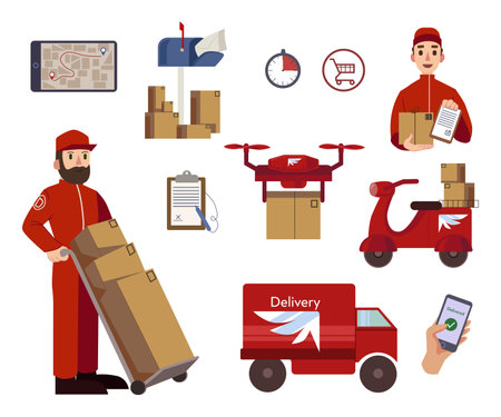 Delivery express service and couriers with boxes set. Vector illustrations of transport for delivering online orders. Cartoon drone with parcel, truck isolated on white. Delivery technology conceptのイラスト素材