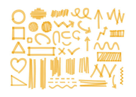 Yellow color markers lines cartoon vector illustration set. Highlight signs of different shape such as heart, circle and other geometric figures, arrows with various direction and doodlesのイラスト素材