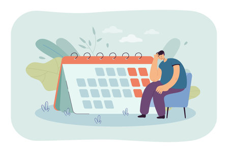 Sad worker or student sitting on chair in front of big calendar. Male cartoon character thinking about work flat vector illustration. Deadline, organization, stress concept for banner, website designのイラスト素材