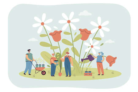 Tiny gardeners planting and watering flowers during springtime. Characters growing plants in garden flat vector illustration. Gardening, spring, nature concept for banner or landing web pageのイラスト素材