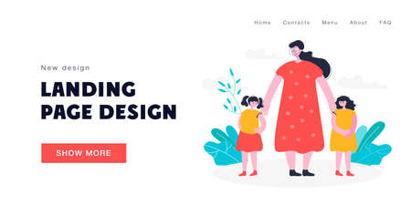Woman reconciling children vector illustration. Female characters trying make peace between two little girls after quarrel. Child conflict concept for banner, website design, landing web pageのイラスト素材