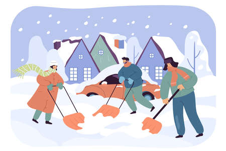 Happy family cleaning snow after storm in backyard together. People with shovels, car buried under snow flat vector illustration. Winter, outdoor activity concept for banner or landing web pageのイラスト素材