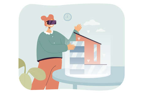 Engineer in virtual reality glasses modeling modern building. Female architect in VR headset making 3d model in office flat vector illustration. Construction, technology concept for website designのイラスト素材