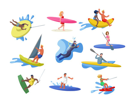 Men and women of different nationalities surfing, windsurfing, diving, canoeing. Water sports cartoon vector illustration set. Summer leisure, recreational ocean outdoor activities conceptのイラスト素材