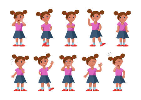 Cute little girls face emotions and expressions cartoon vector illustration set. Kid character standing in different poses happy, sad, angry, surprised, crying, smiling, laughing, confusedのイラスト素材