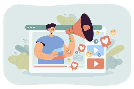 Seo manager attracting attention of customers in viral video. Advertising campaign from man using megaphone and magnet flat vector illustration. Influence, promotion, digital marketing conceptのイラスト素材