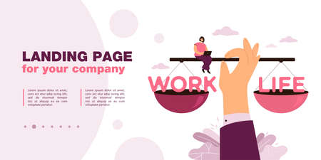 Huge hand balancing work and life on scales. Cartoon character controlling balance of career and relationships flat vector illustration. Time management concept for website design or landing web pageのイラスト素材