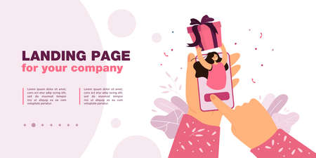 Hands holding smartphone with girl giving present box on screen. Flat vector illustration. Woman buying present in online app or gift store. Internet, present, shopping, order concept for designのイラスト素材