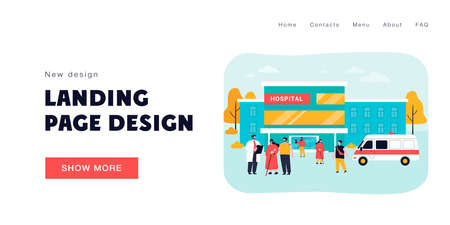 Patients and visitors walking near hospital building. Flat vector illustration. Ambulance car, medical worker, people on background of clinic. Emergency service, medicine, healthcare conceptのイラスト素材