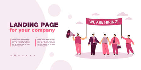 Happy HR managers looking for new employees. Flat vector illustration. Business team with banner inviting potential workers for interview in company. Human resources, business company, vacancy conceptのイラスト素材