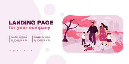 Happy cartoon family walking dog in park together. Flat vector illustration. Mother and dad characters spending time with children. Family, parenthood, weekend, nature, pet concept for banner designのイラスト素材