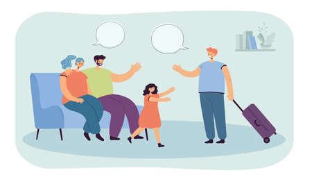 Son with suitcase returning home from trip or university. Mother and father greeting boy from sofa, little sister running to brother flat vector illustration. Family, relationship concept for bannerのイラスト素材