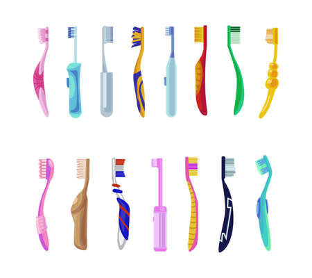 Colorful toothbrushes cartoon illustration set. Kids and adults dental cleaning electric brushes for whiter smile and dental health vector illustration collection. Mouth cavity hygiene conceptのイラスト素材