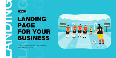 Soccer penalty kick flat vector illustration. Cartoon soccer players and goalkeeper defending goal...
