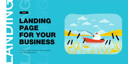 Happy man fishing in boat flat vector illustration. Cartoon man holding fishing rod, catching fish in blue river or lake, enjoying beautiful natural landscape. Summer, recreation, hobby conceptのイラスト素材