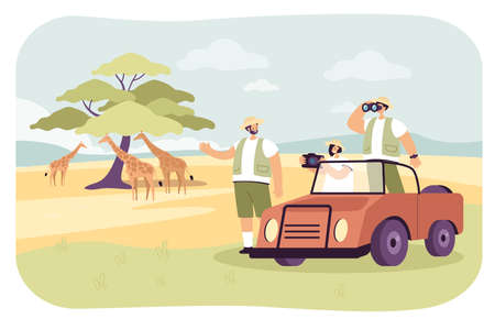 Cartoon travelers looking at wild African animals on tour. Male and female characters in car in Africa flat vector illustration. Traveling, adventure concept for banner, website design or landing pageのイラスト素材