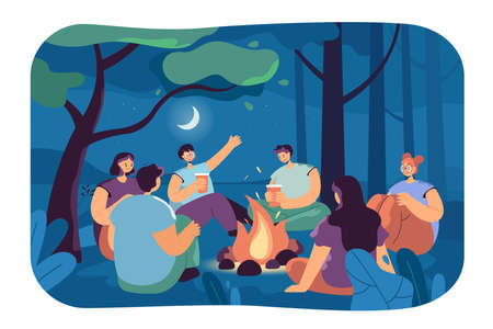 Happy people telling scary stories around campfire. Friends sitting by fire in camp at night in summer flat vector illustration. Communication, friendship, seasons, camping concept for bannerのイラスト素材
