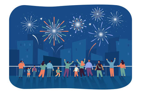 Cityscape with crowd of happy people looking at fireworks in sky. Cartoon adults and kids at celebratory or festive spectacle at night flat vector illustration. Celebration, pyrotechnics conceptのイラスト素材