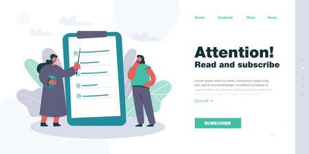 Cartoon teacher showing test questions to female student. Professor with pointer and confused girl flat vector illustration. Education, school, university concept for banner or landing web pageのイラスト素材