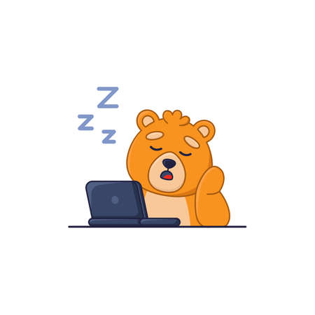 Tired bear cartoon character sitting in front of laptop sticker. Cute sleepy comic forest animal working on computer flat vector illustration isolated on white background. Wildlife, emotions conceptのイラスト素材