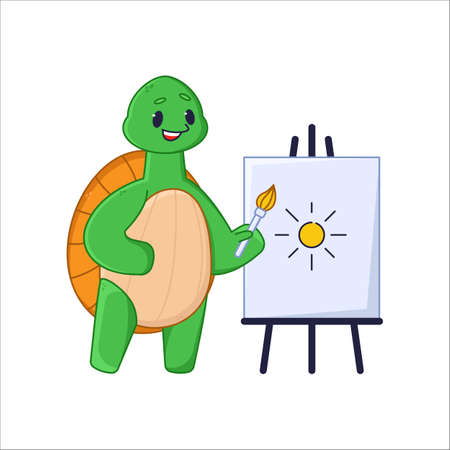 Cute turtle cartoon character drawing sun sticker. Adorable comic tortoise painting, canvas on easel flat vector illustration isolated on white background. Emotions, animals conceptのイラスト素材